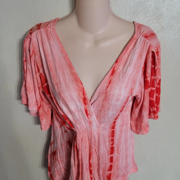 Venus Pink Tie Dye Deep V-Neck Tunic Top Cold Shoulder Sleeves Size Women XS - Picture 3 of 10